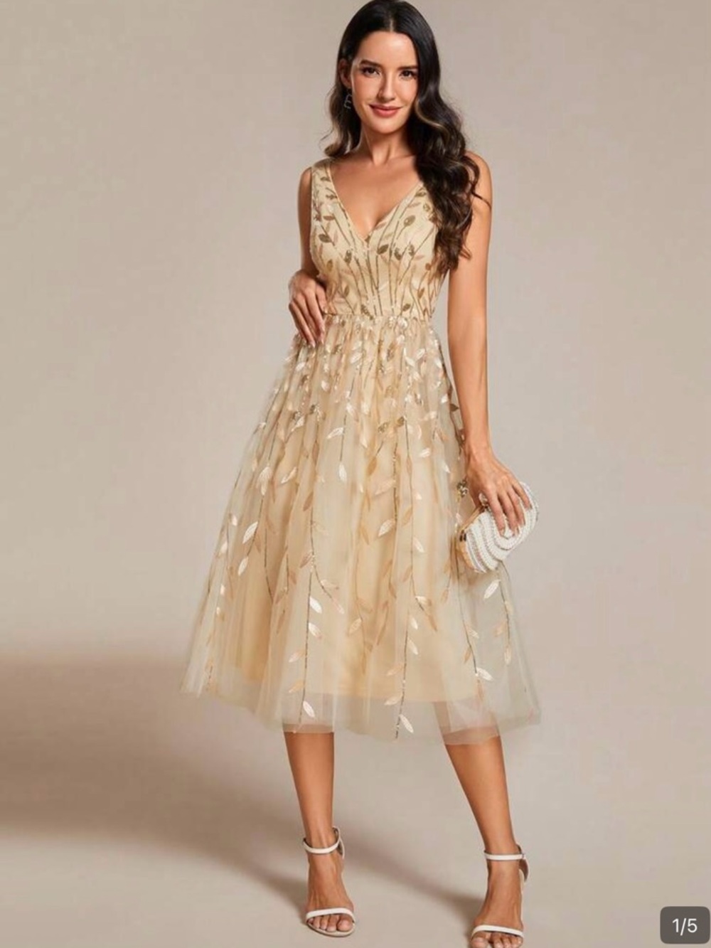 Leaf-Embroidered V-Neck Tulle Midi Dress in Champagne